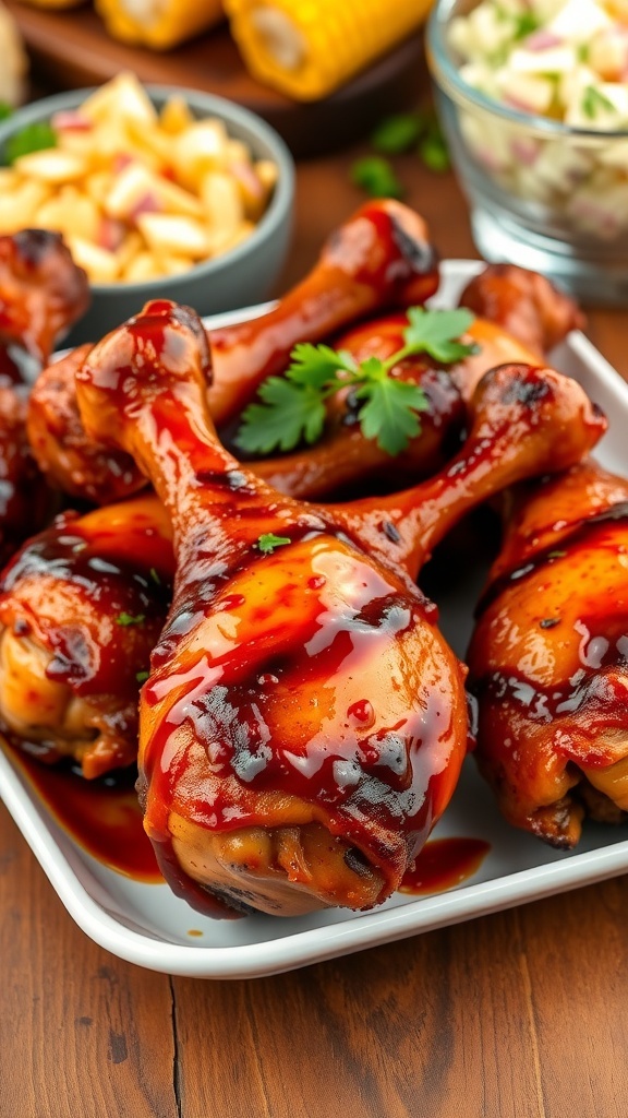 Homemade BBQ Chicken Drumsticks Recipe Grilled BBQ chicken drumsticks on a plate, garnished with parsley, served with coleslaw and corn.